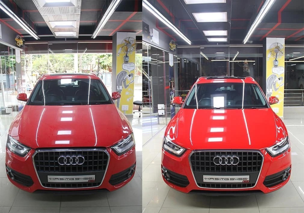 Before and after exterior wash showing a red Audi transformed from dusty to glossy showroom finish