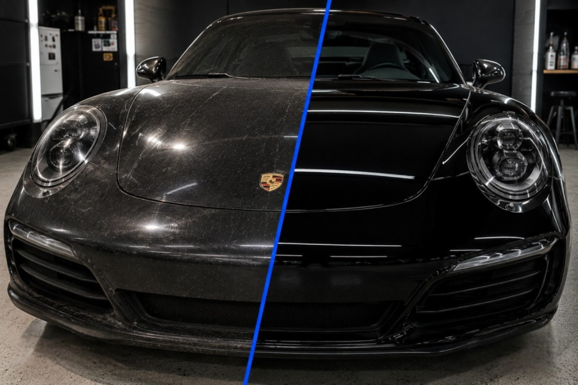 Before and after detail of a black Porsche hood showing dust and swirl marks removed for a deep mirror finish