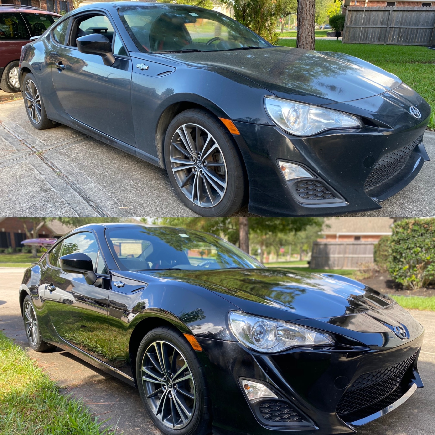 Before and after of a black Scion FR-S showing dirty paint and wheels restored to a deep polished shine